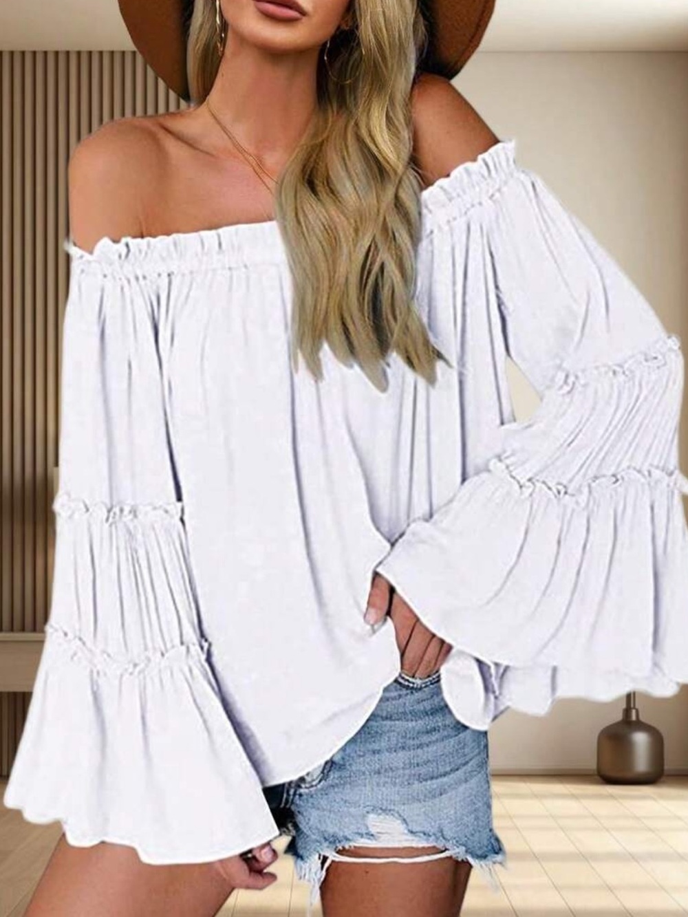 Off-Shoulder White Bell Sleeve Top - Womens